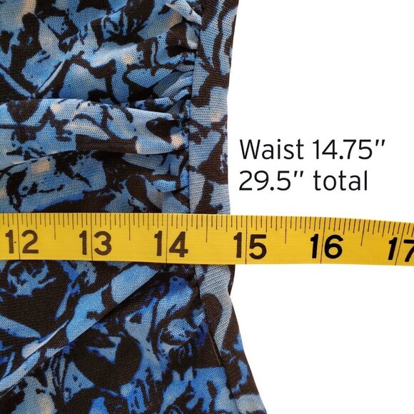 Cable & Gauge Mesh Lined Drape Neck Ruched Waist Sleeveless Blouse Blue Black M - Picture 10 of 13